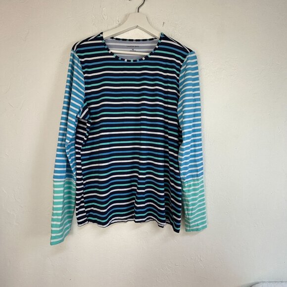 Lands' End Womens Striped Long-Sleeve Rash Guard Swim Shirt Large 14-16 Blue - Picture 1 of 7